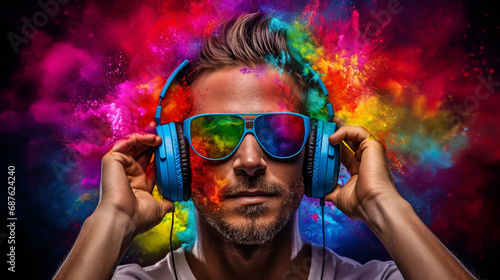 Positive man listening music with headphones on background with spectrum waves and powder explosion. Stylish guy enjoying music inspired concept.