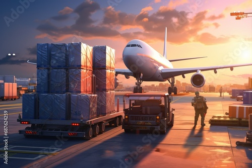 Airplane and cargo loading in the airport at sunset, freight transportation concept, Airplane cargo transportation by plane, unloading containers of boxes at the airport, AI Generated