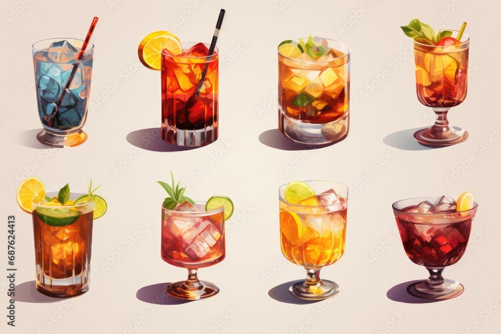 Set of alcoholic cocktails with lime, orange and ice. Vector illustration, Alcoholic cocktails set, strong drinks, and aperitifs, AI Generated Set of alcoholic cocktails with lime, orange and ice. Vector illustration, Alcoholic cocktails set, strong drinks, and aperitifs, AI Generated
