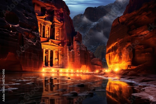 The ancient city of Petra in Jordan. Petra is one of the New Seven Wonders of the World, Al Khazneh in Petra, Jordan, at night, AI Generated photo