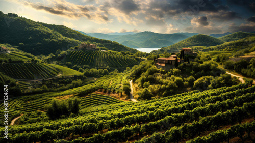 Wine Country Charm: A Picturesque Image of Grapevines, Rolling Hills, and Wineries in the Tuscany Region