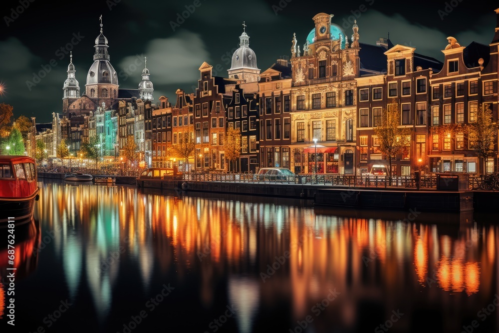 Amsterdam canal at night, Holland, Netherlands. Cityscape, Amsterdam City Illuminated Building and Canal at night, Netherlands, AI Generated