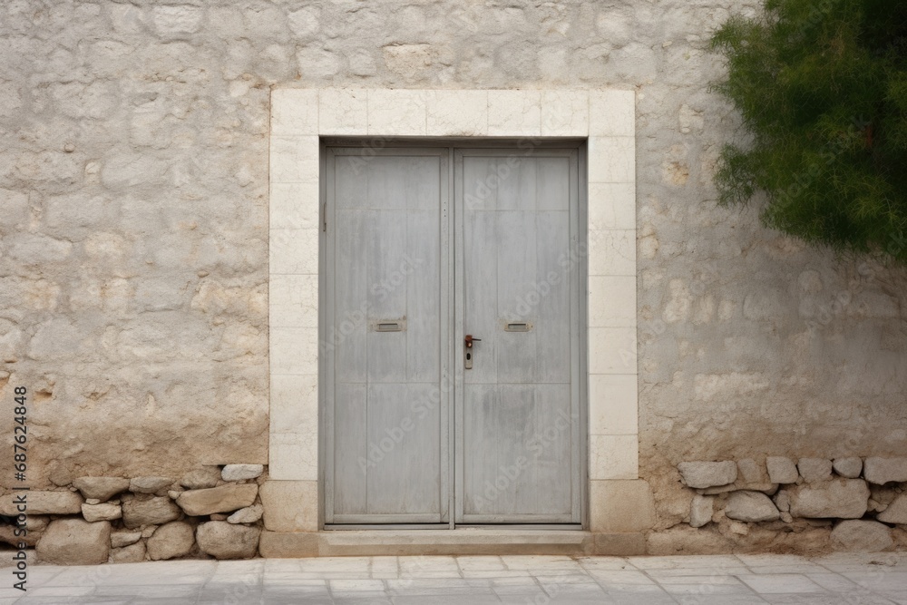 Grey Sheet Metal Door with Small Door Handle Mounted on House Wall with Stone Tiles in Front on Warm Sunny Day Grey Sheet Metal Door with Small Door Handle Mounted on House Wall with Stone Tiles in Front on Warm Sunny Day