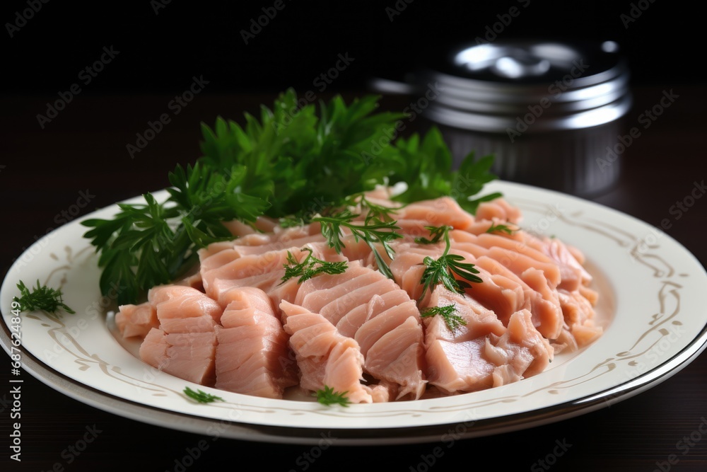 Canned Tuna Salad with Soft Parsley, Served with Breadsticks. A Healthy and Tasty Meal with Epicure Seafood Delight Canned Tuna Salad with Soft Parsley, Served with Breadsticks. A Healthy and Tasty Meal with Epicure Seafood Delight