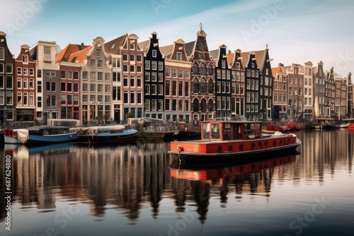 Amsterdam canals and traditional dutch houses, Holland, Netherlands, Amsterdam Netherlands dancing houses over river Amstel landmark, AI Generated © Ifti Digital