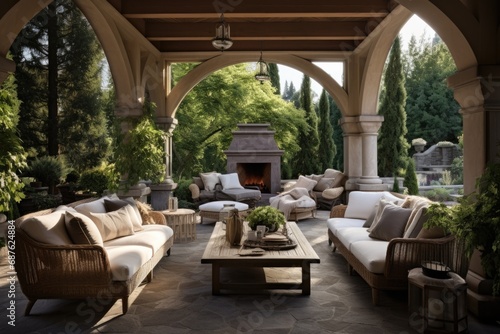 Upscale Outdoor Living Room with Custom Sofa and Gazebo Shelter in Beautiful Backyard Garden Design