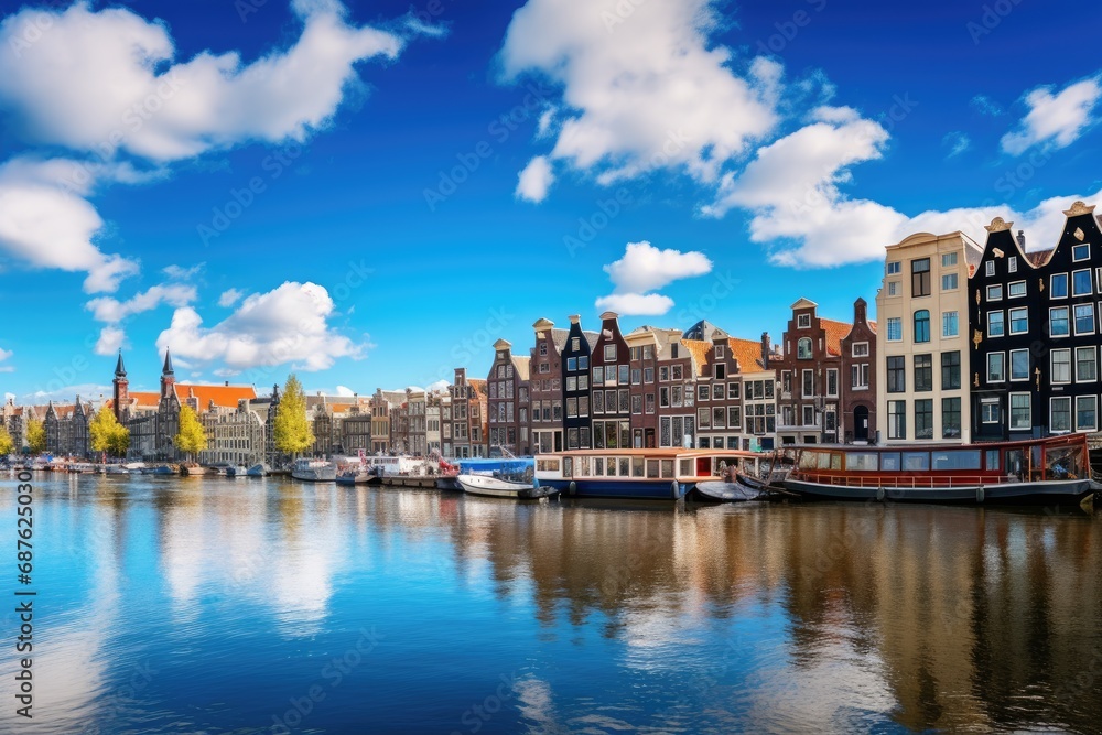 Panoramic view of the old houses along the canal in Amsterdam, Netherlands, Amsterdam Netherlands dancing houses over river Amstel landmark, AI Generated