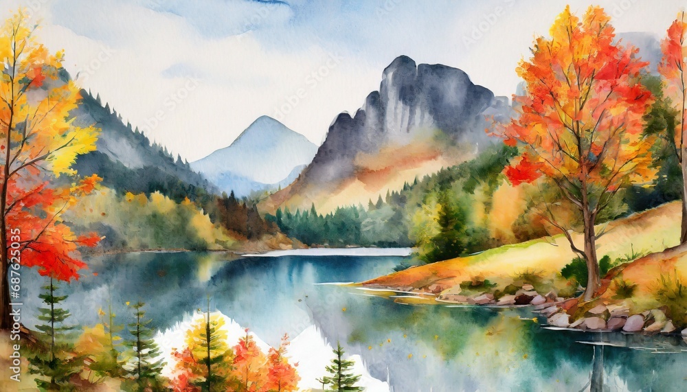 mountains forests and a lake in a watercolor scene autumn landscape generative ai
