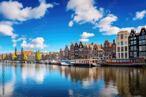 Panoramic view of the old houses along the canal in Amsterdam, Netherlands, Amsterdam Netherlands dancing houses over river Amstel landmark, AI Generated