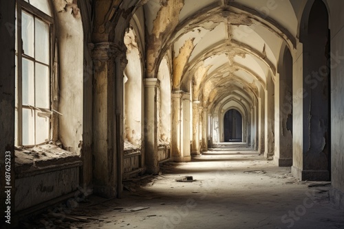 Interior of an old abandoned building with arches and a corridor, An old empty corridor, Vintage abandoned building with a window, AI Generated © Ifti Digital