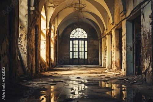Interior of an old abandoned building with windows and reflections in the water, An old empty corridor, Vintage abandoned building with a window, AI Generated