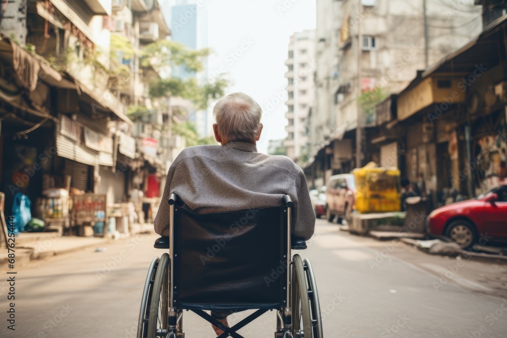 Obraz premium Asian senior man sitting in wheelchair on the street in Hong Kong, An old man is sitting in a wheelchair on a walk in the city, rear view, AI Generated