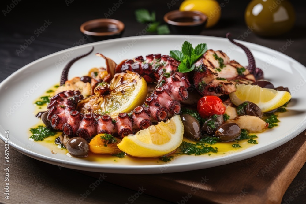 Seafood Grilled Octopus Salad with Lemon and Olives, Appetizing dish with grilled octopus and lemon, AI Generated