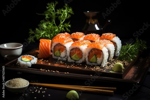Sushi roll with salmon, avocado and cucumber on a black background, Artistic recreation of sushi rolls with salmon and white rice with a punctual light, AI Generated