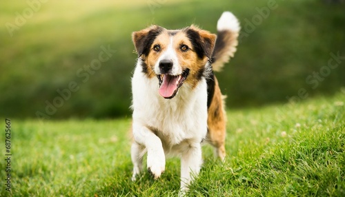 happy pet dog playing on green grass lawn in full length portrait on summer day