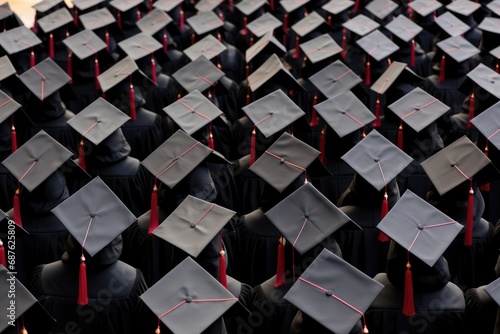 Group of graduates in graduation gowns standing in a row in a row, Backside of graduation hats during the commencement success, AI Generated