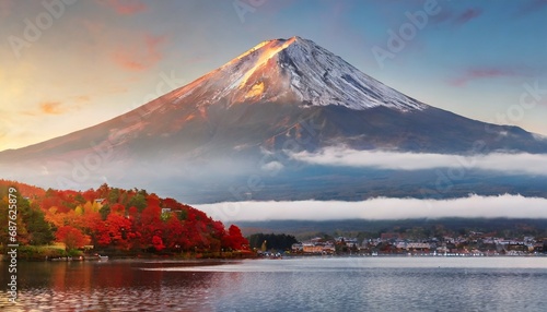 colorful autumn season and mountain fuji with morning fog and red leaves at lake kawaguchiko is one of the best places in japan photo