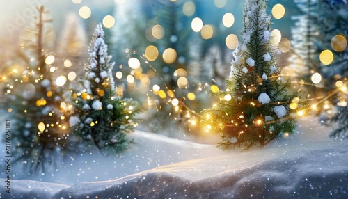 christmas blurred background xmas trees with snow decorated with garland lights holiday festive background new year winter art design christmas scene holiday blur forest backdrop