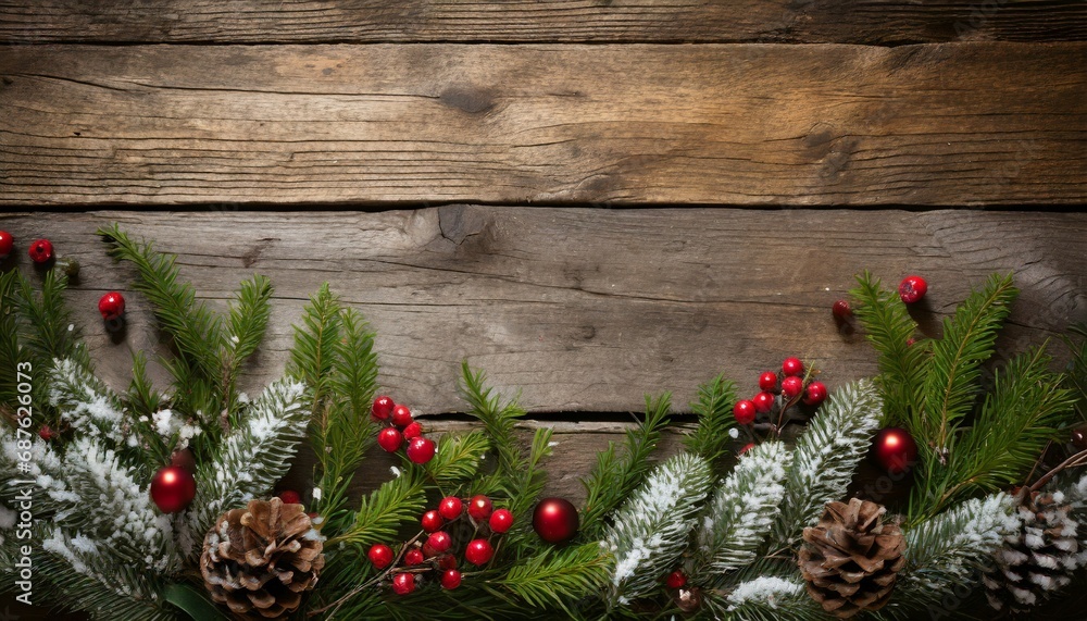 holiday evergreen branches and berries over rustic wood background holiday evergreen branches and berries over rustic wood background