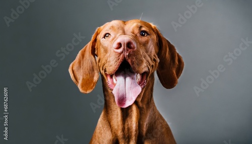funny dog shows tongue hungarian vizsla on a white background photo