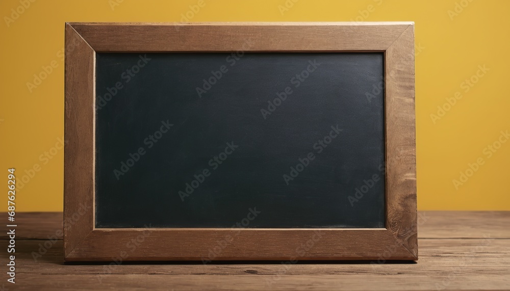 Empty blackboard with wooden frame on wooden table over yellow background.
Empty blackboard with wooden frame on wooden table over yellow background.