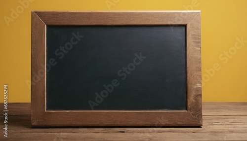  Empty blackboard with wooden frame on wooden table over yellow background.