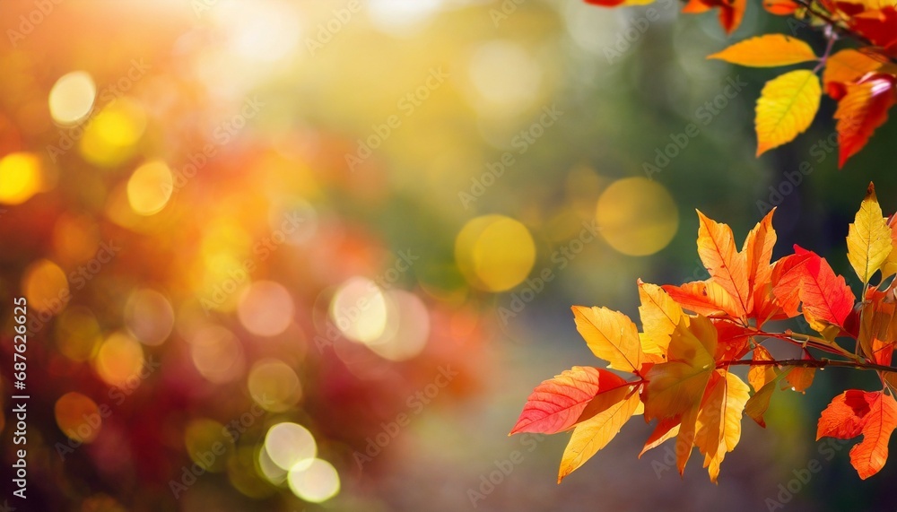 Fototapeta premium sunny colorful fall season leaves on blurry bokeh copy space background selective focus used