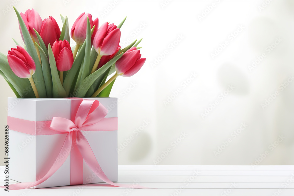 Beautiful gift box with bow and pink tulip flowers on white wooden table, space for text Beautiful gift box with bow and pink tulip flowers on white wooden table, space for text