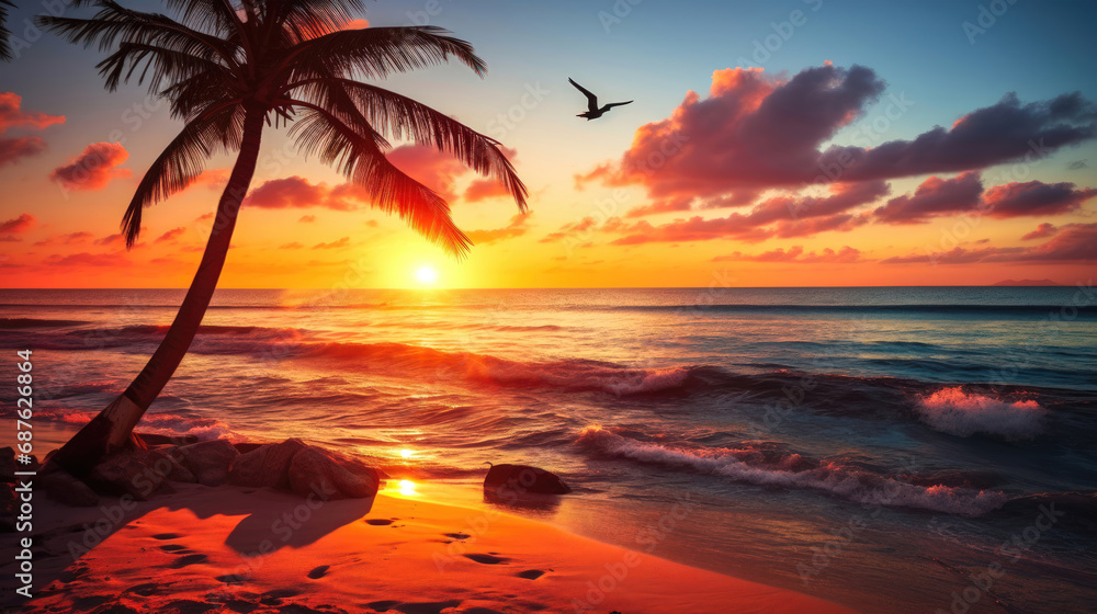 Serenity at Sunset: Tranquil Beach with Palm Tree and Dolphin Silhouettes