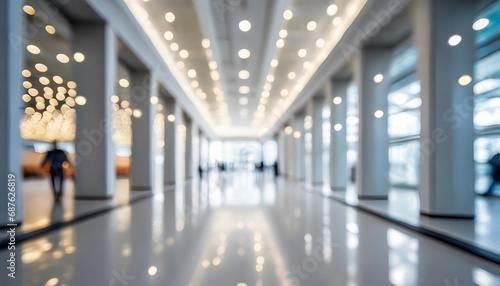 blurred defocused bokeh background of exhibition hall or convention center hallway business trade show modern white interior architecture abstract blur modern business office background photo