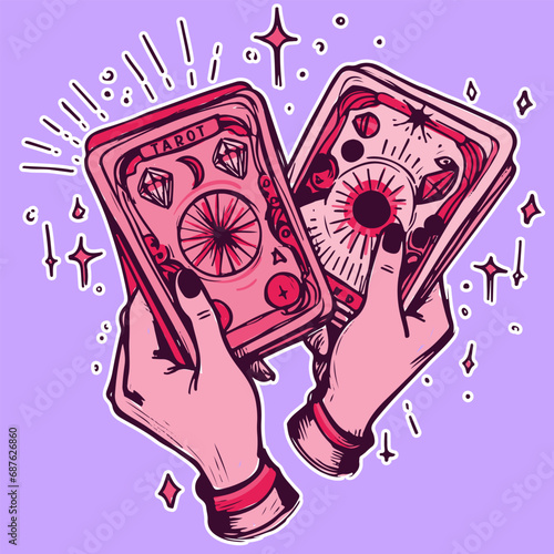 Vector of two women's hands holding tarot cards. Fortune teller practicing occult and wiccan ritual spells to predict the future
