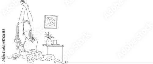 line art drawing woman wake up and still yawning  still lying in bed under blanket. Sleepy woman on bed. line art draw design graphic vector illustration