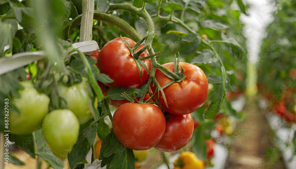 Unripe and ripe tomatoes on a plant on a farm