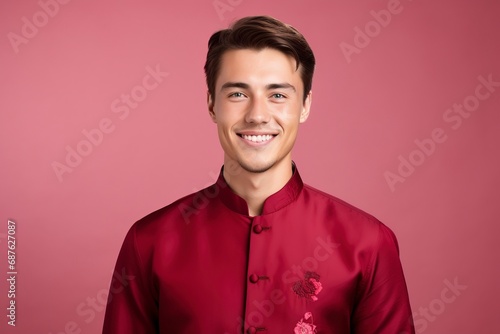 Young european man smiling, wearing cheongsam, one color background, copy space. generative ai