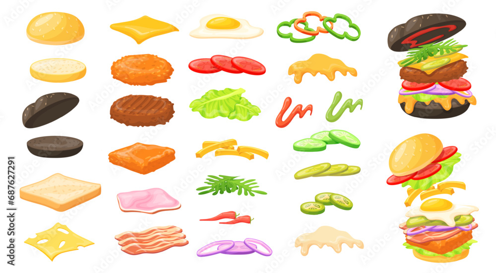 Naklejka premium Cartoon burger ingredients. American hamburger sandwich ingredient with bun parts constructor, bacon meat onion omelette slice food cheese bread toppings, neat vector illustration