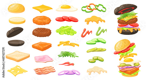 Cartoon burger ingredients. American hamburger sandwich ingredient with bun parts constructor, bacon meat onion omelette slice food cheese bread toppings, neat vector illustration