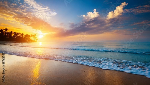 beautiful cloudscape over tropical sea and beach shore sunrise over ocean horizon