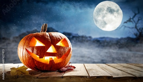 jack or lantern on table in spooky night halloween with full moon