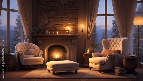 A cozy reading nook by the fireplace beckoned with its overstuffed armchair and soft lamplight.