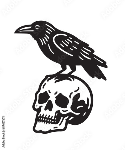 Crow on a skull. Simple vector illustration. Black on white. Isolated element