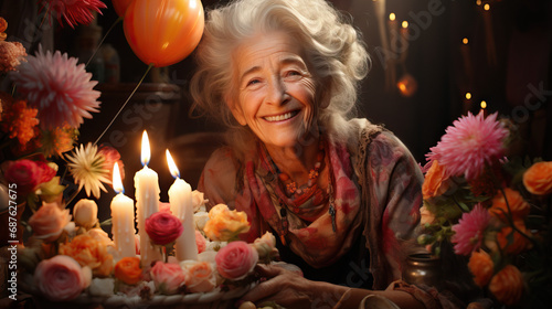 Portrait of grandma at a birthday party. Concept of joy, celebration, and the warmth of family gatherings during special occasions. © Lila Patel