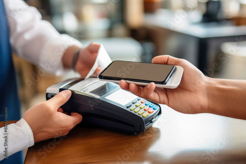 Customer making a mobile payment on a card machine
