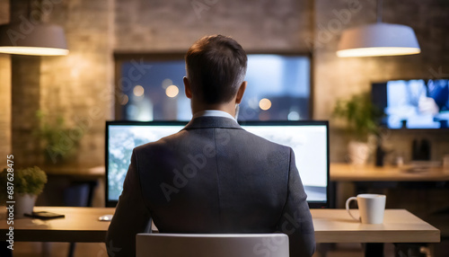 Businessman in office looking at multiple computer screens