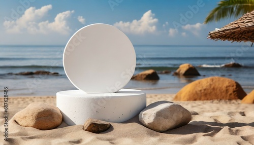 a white podium in round shaped placed on the beach sand with some stones modern minimal showcase scene for cosmetic products promotion