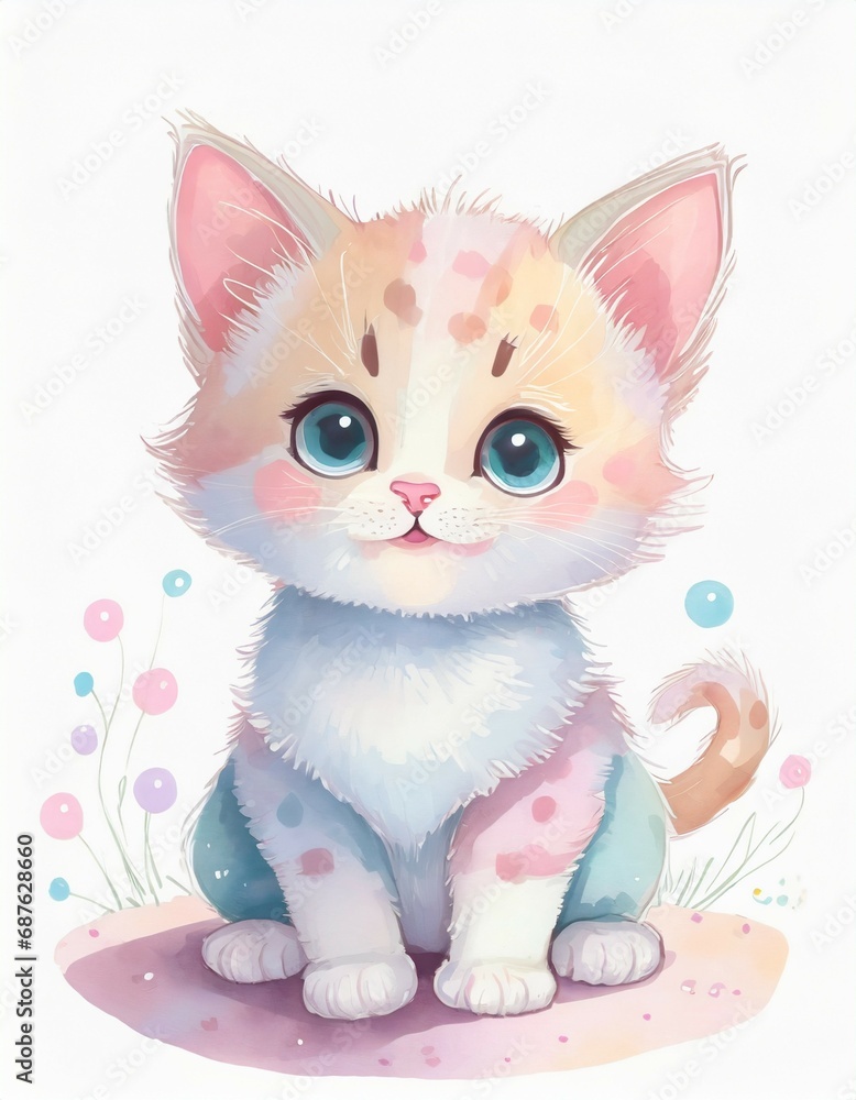 children's illustration, pastel colors, cat cute