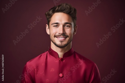 Young european man smiling, wearing cheongsam, one color background, copy space. generative ai