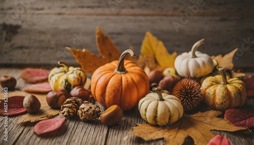 thanksgiving season still life with colorful small pumpkins acorns fruit and fall leaves over rustic wooden background