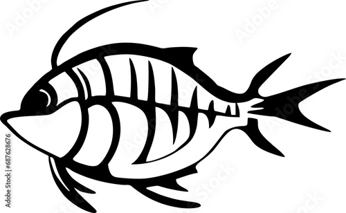 black graphic drawing stylized fish on a white background, logotype, design