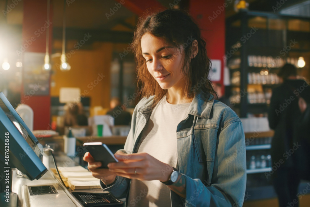 Young woman texting on her phone in a cafe Young woman texting on her phone in a cafe