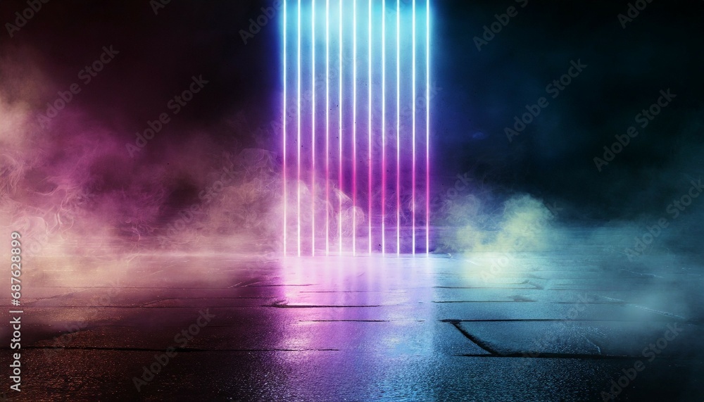 3d rendering wet asphalt reflection of neon lights and smoke on black background